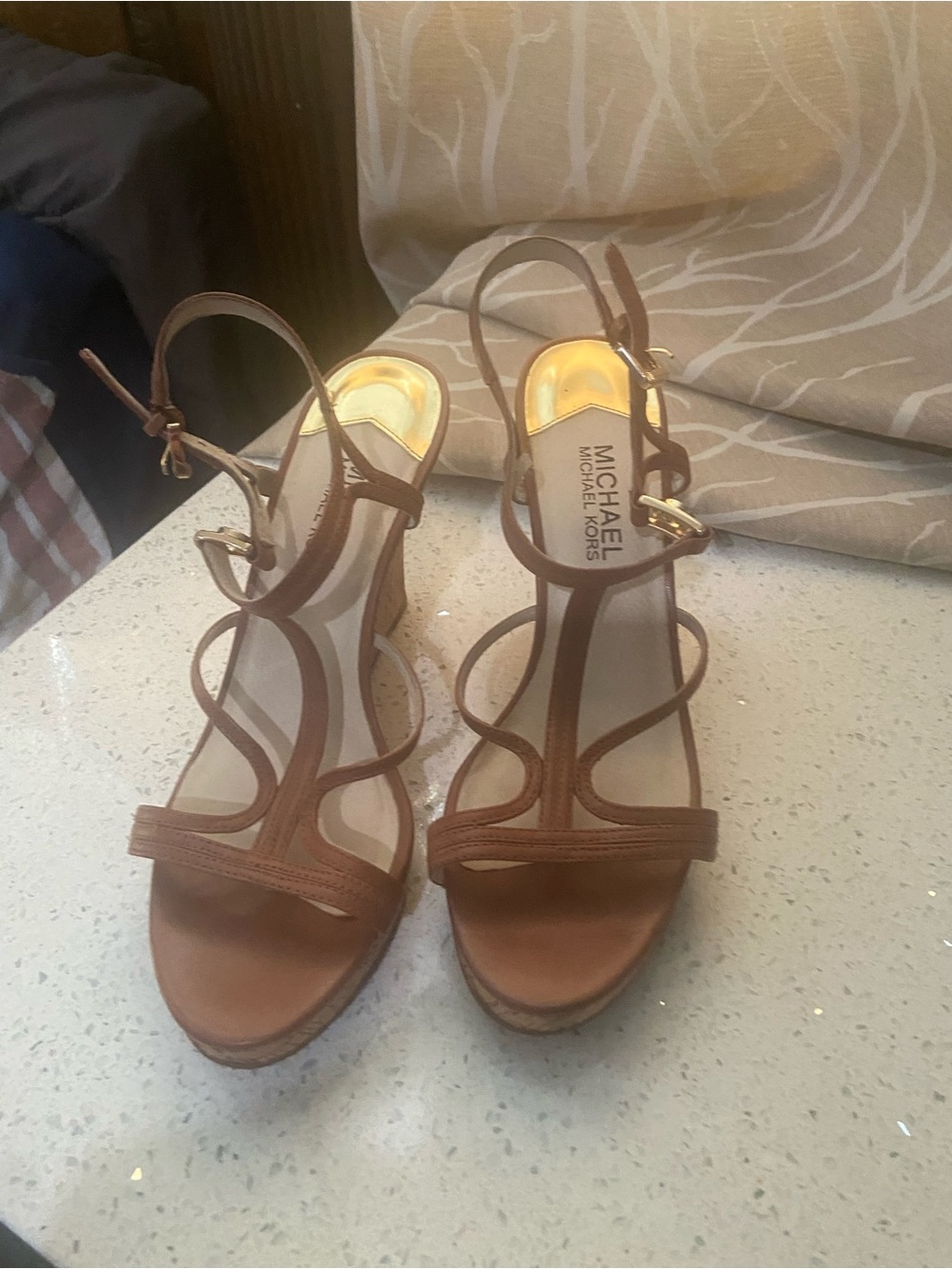 MICHAEL Michael Kors Tan Leather Strappy Wedge Sandals